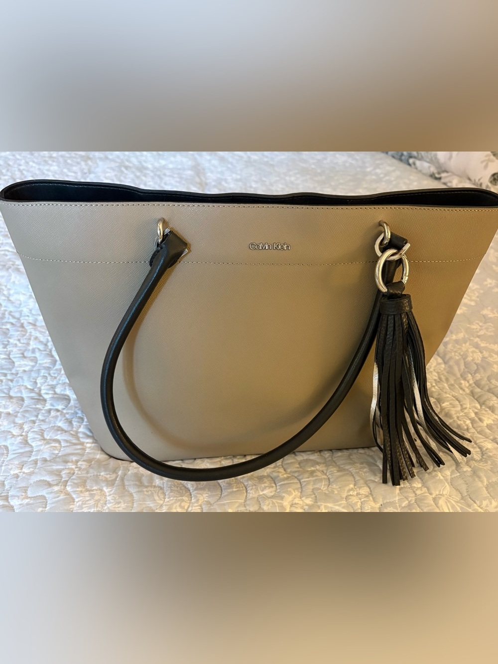 Calvin Klein Taupe Tote with Black Trim and Tassel
